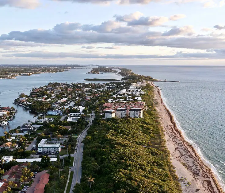 Aerial view near Boca Raton vein treatment center by beach and residential area.