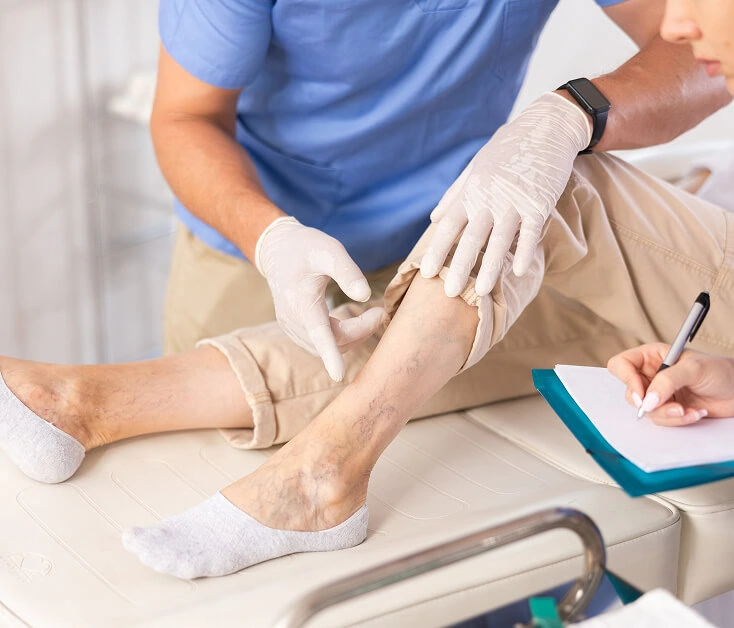 A vein specialist at a Boca Raton vein treatment center examines a leg with varicose veins.
