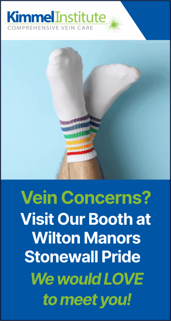 Person with legs up in rainbow socks promotes Boca Raton vein treatment center.