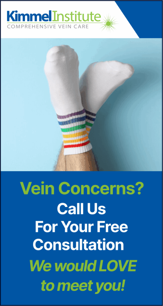 Person with feet up in striped socks, promoting Boca Raton vein treatment center and free varicose vein consultation.