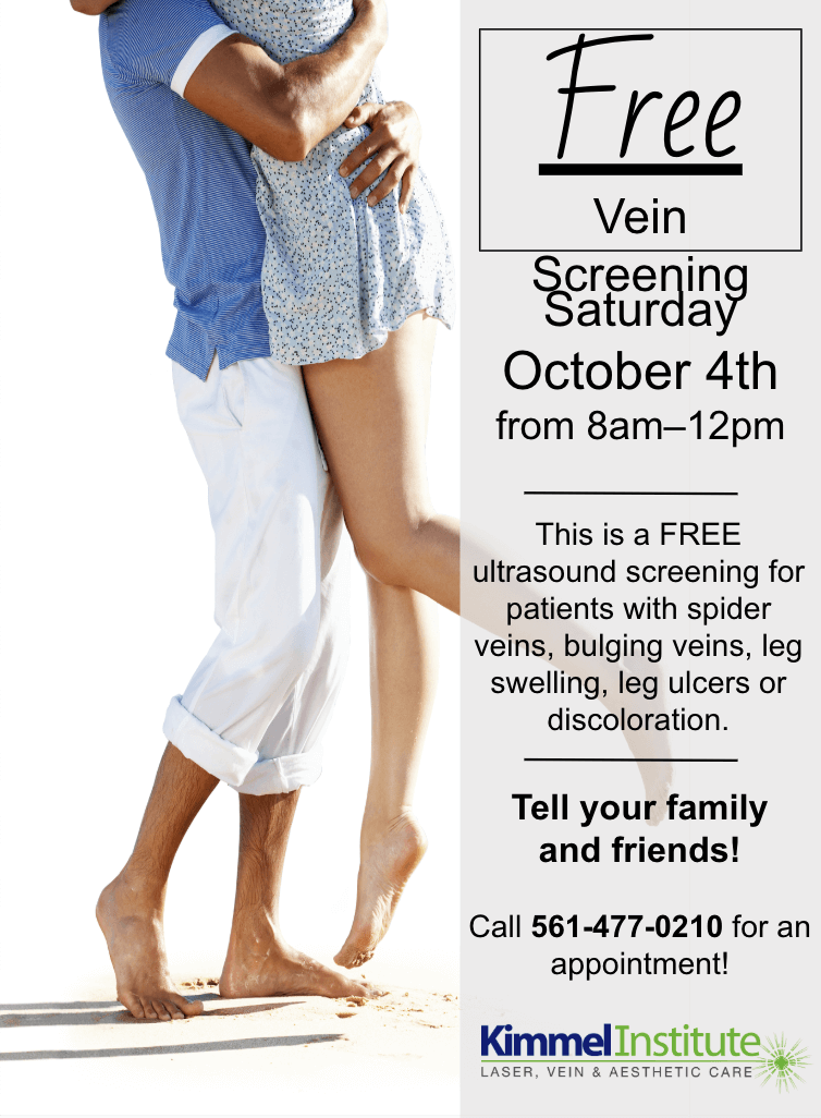 A couple embraces in front of a Boca Raton vein treatment center event ad for free varicose vein screening.