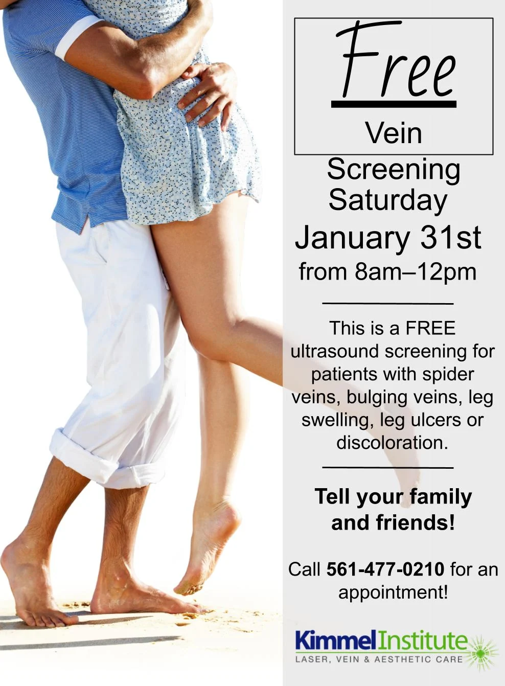 Flyer for Boca Raton vein treatment center’s free screening event; couple at beach.