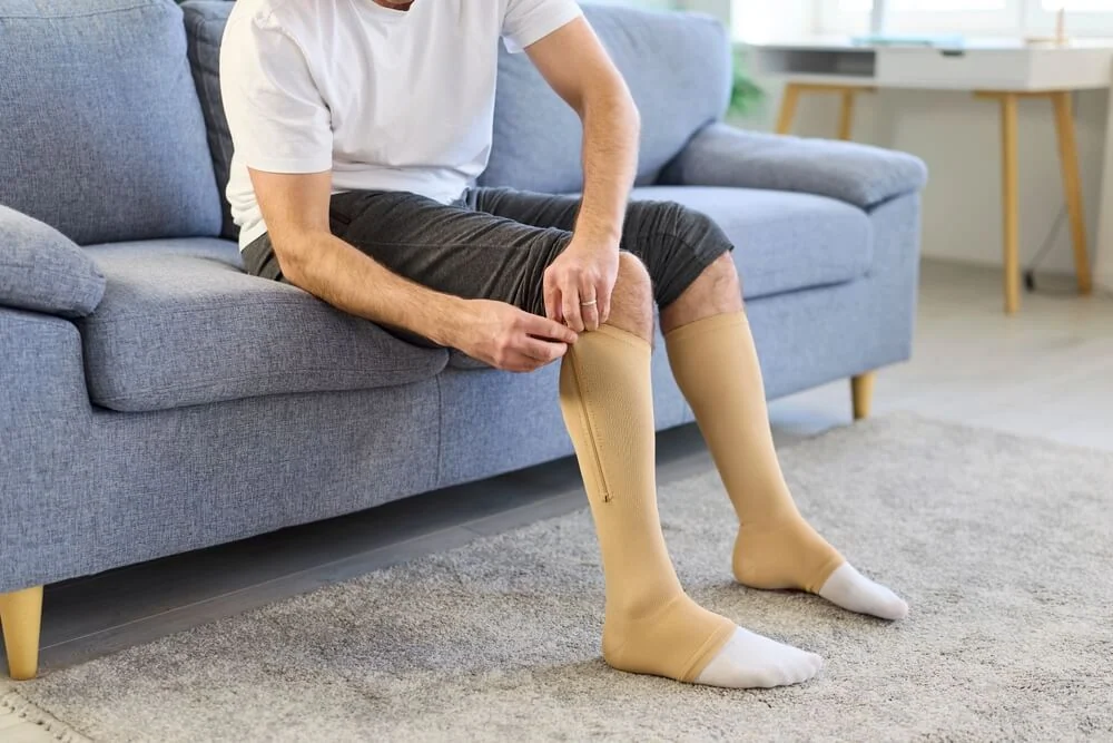 Zippered support stockings apply graduated compression to support circulation and reduce leg swelling.
