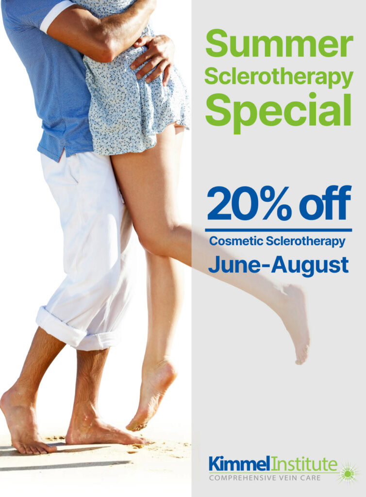 A man lifts a woman on a Boca Raton beach with text about 20% off summer vein treatment at Kimmel Institute.